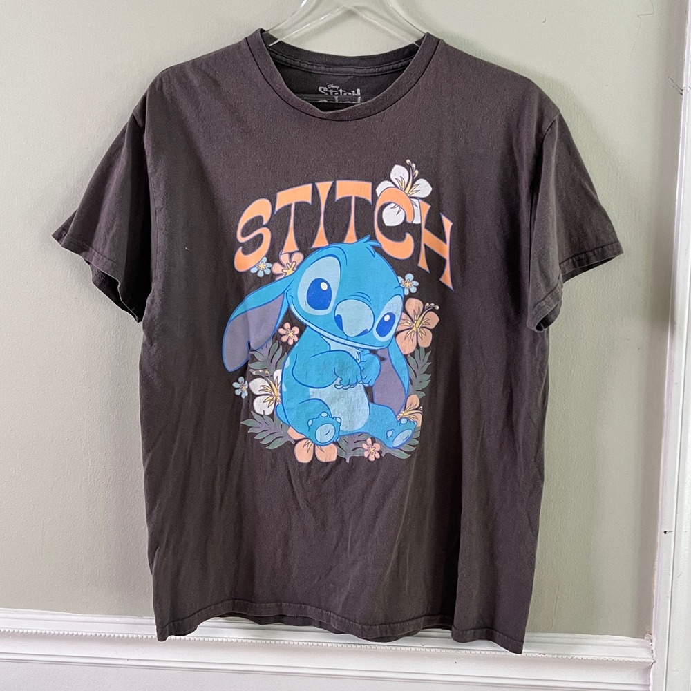 Disney Stitch Graphic Tee L FLAW Unisex Tropical Disney Brown Distressed